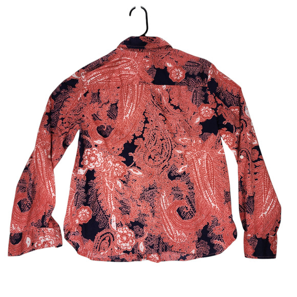 Tommy Hilfiger S Paisley Button Up Shirt Women Orange Blue Roll Tab Sleeves BOHO - Picture 2 of 14